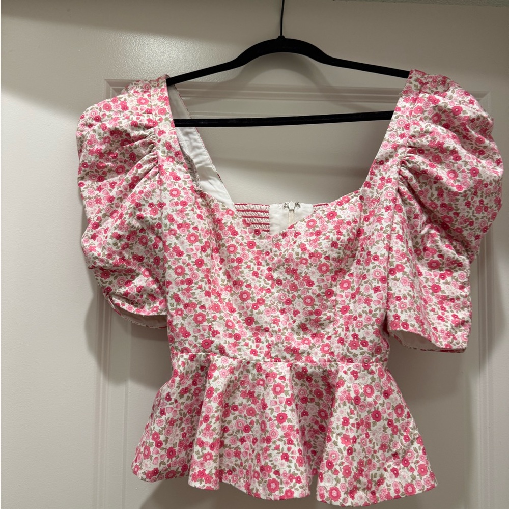 Amanda Uprichard Pink Floral Puff Sleeve Blouse